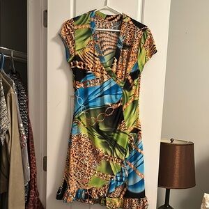 Multicolor v-neck faux-Wrap Dress with ruffle hem